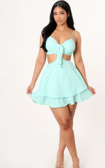 Baby Blue Spaghetti Strap Cut Out Mini Flair Dress