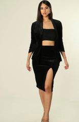 Solid Colored Pattern Velvet Top and Skirt 2 Piece Set