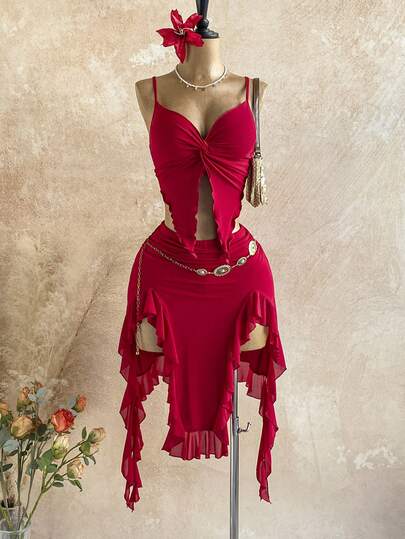 Red mesh two piece ruffled set