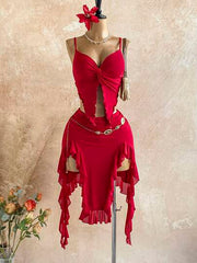 Red mesh two piece ruffled set