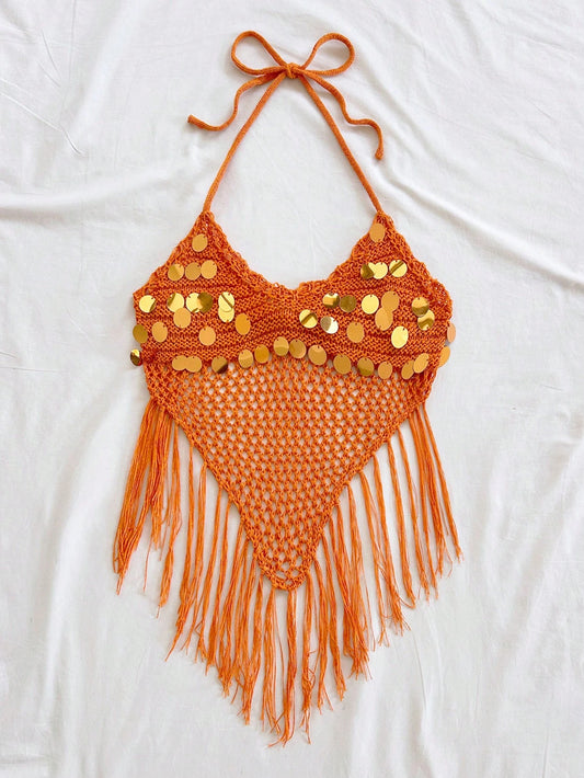 Orange Sequins Halter Top