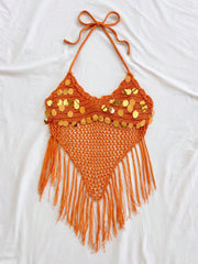 Orange Sequins Halter Top